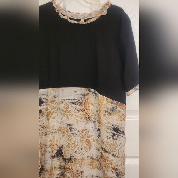 Unbranded L Black Beige Cotton Shrtslv Floral Pattern Bohamian Women Midi Dress - Picture 3 of 9